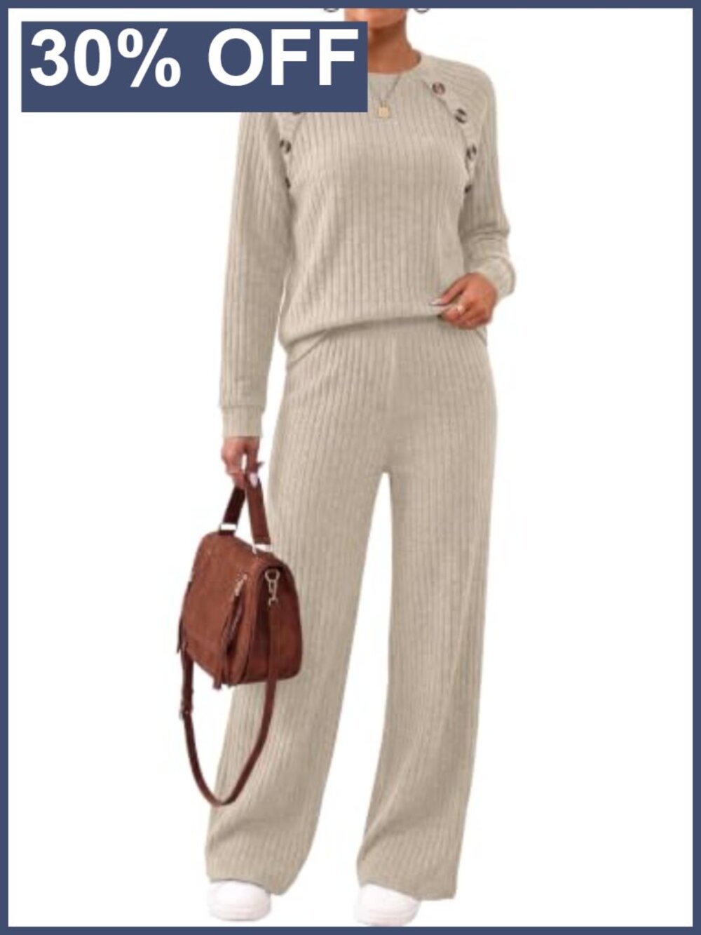 Ribbed Knit Lounge Set 2 Piece Button Sweater & Pants